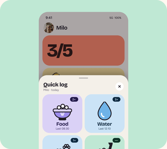 Keepie’s Quick log sheet over Today, with Food, Water, Walk and Potty buttons.