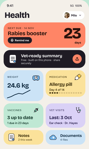 Keepie’s Health hub for Milo: next due Rabies booster in 23 days, weight, medication and vet visits.