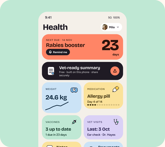 Keepie’s Health hub for Milo with the next due vaccine and the vet-ready summary.