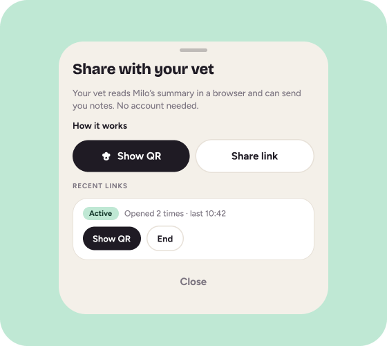 The Share with your vet sheet in Keepie with Show QR and Share link buttons and an active link opened 2 times.