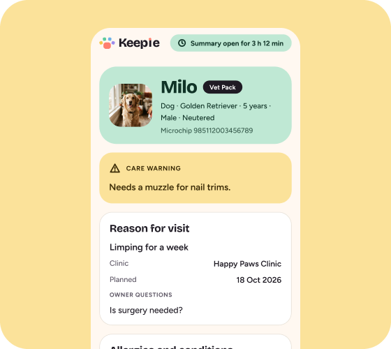 The web page a vet opens from the link: Milo’s summary, a care warning, the reason for the visit and a timer showing the link is still open.