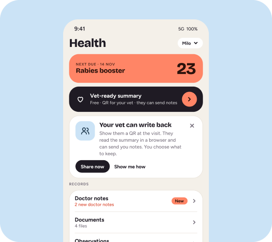 Keepie Health tab with a card that says your vet can write back, a Share now button and two new doctor notes.